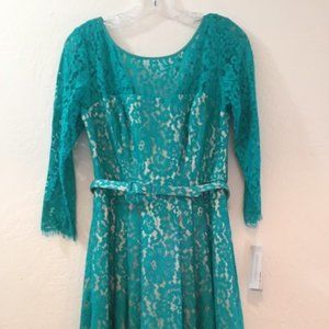 Eliza J Teal Fit & Flare Lace Belted Dress Zipper